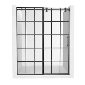 60 in. W x 76 in. H Sliding Frameless Shower Door in Matte Black with Tempering Grid Glass (Right Side Opening)