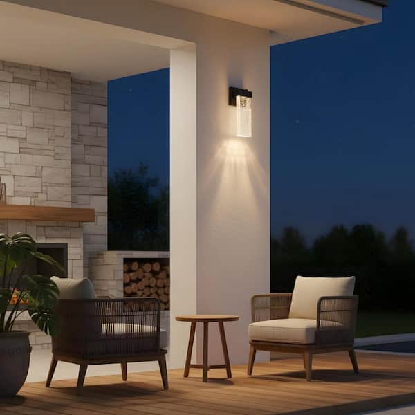 Light Pro 12 in. Black Not Motion Sensing Outdoor Hardwired Wall Cylinder Scone with Bubble Crystal LED (2-Pack)