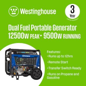 12,500/9,500-Watt Dual Fuel Gas and Propane Powered Portable Generator with Remote Electric Start, 50 Amp Outlet