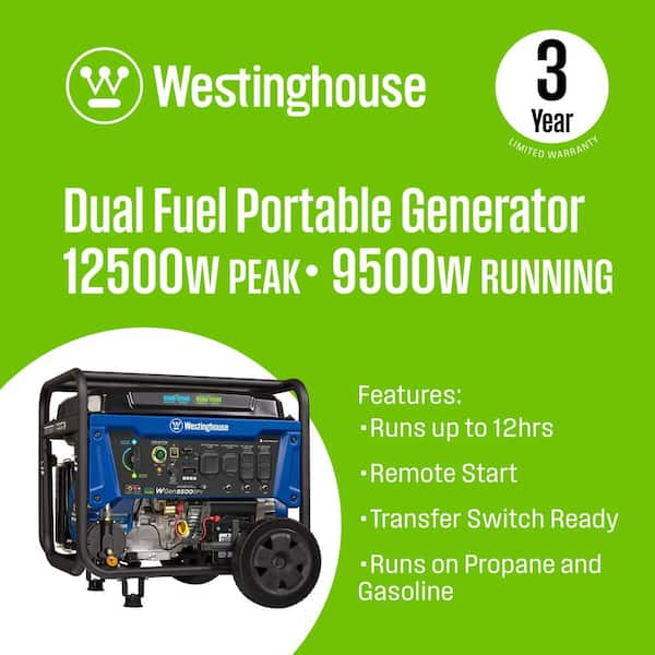 12,500/9,500-Watt Dual Fuel Gas and Propane Powered Portable Generator with Remote Electric Start, 50 Amp Outlet