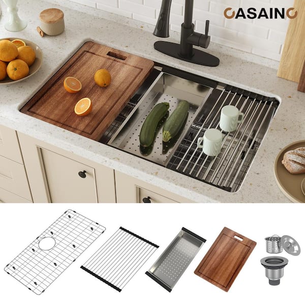 31 in. Undermount Single Bowl 18 Gauge Stainless Steel Workstation Kitchen Sink with Sliding Accessories, cUPC Certified
