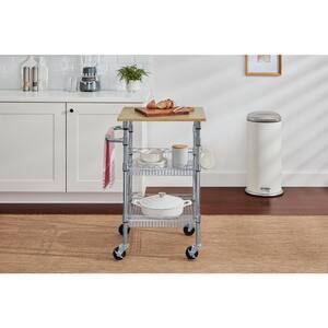 Grayson Small Chrome Metal Rolling Kitchen Microwave Cart with Natural Wood Top and Tiered Shelves (24" W)