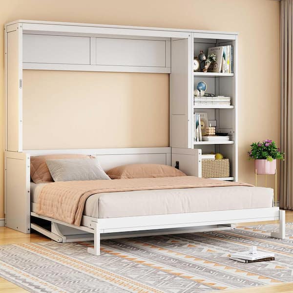 White Wood Frame Queen Size Murphy Bed with Desk and Bookshelf