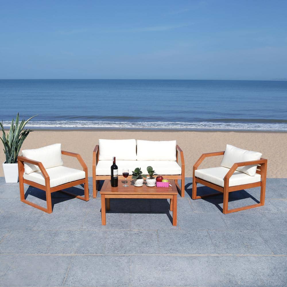 Natural Eucalyptus Wood 4-Piece Outdoor Living Set with Beige Cushions