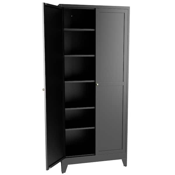 Black 75" H Metal Kitchen Pantry Cabinet with 5 Adjustable Shelves Accent Storage Cabinet w/Dishware in Kitchen, Pantry