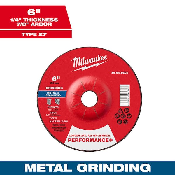 6 in. x 1/4 in. x 7/8 in. Performance Plus Metal Grinding Wheel - Type 27