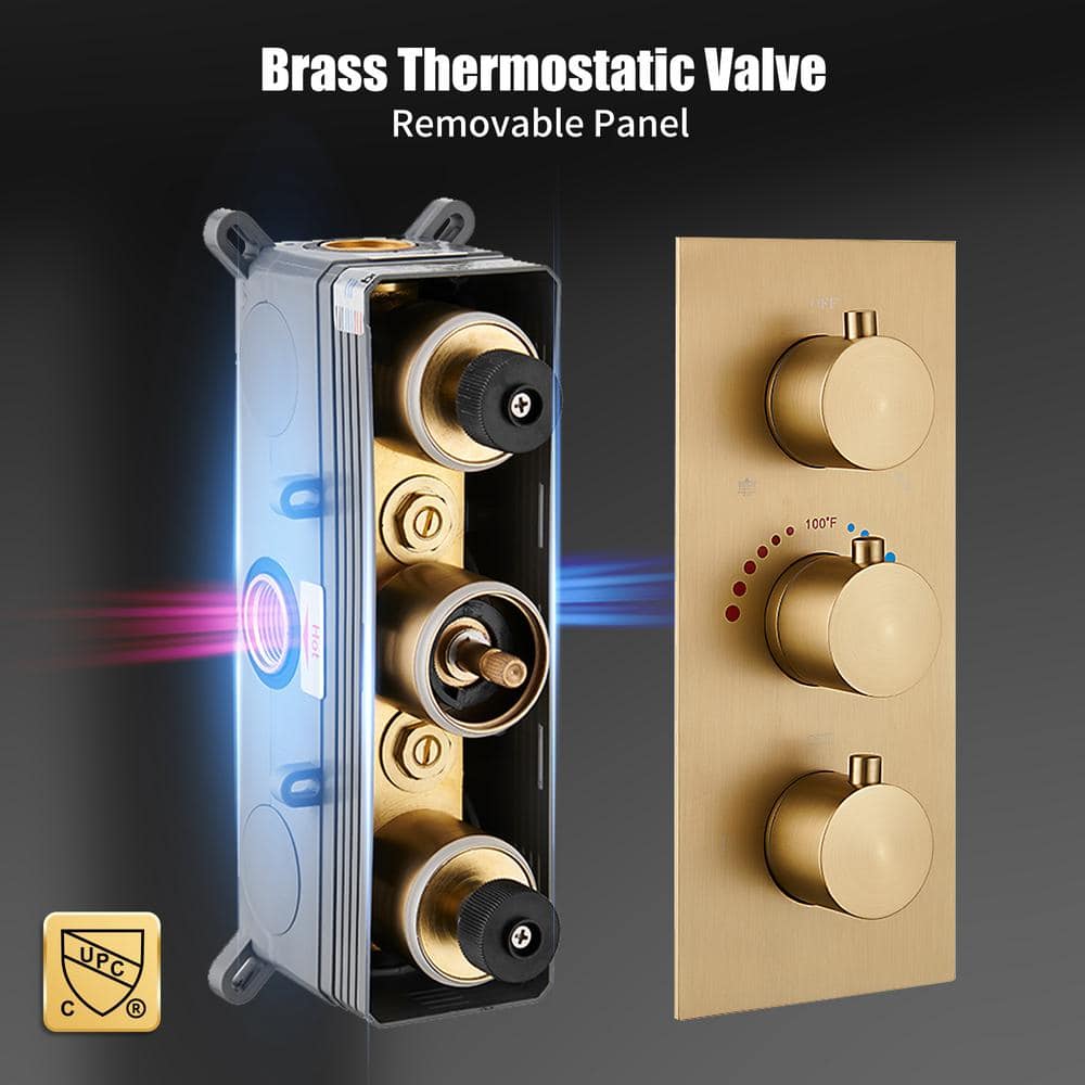 Brushed Gold Dual Square Wall Mounted Shower System with Body Jets