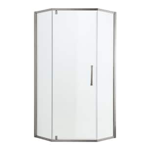 34 in. W x 72 in. H Neo Angle Pivot Semi Frameless Corner Shower Enclosure in Brushed Nickel Finish