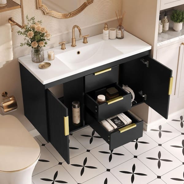 36 in. Single Sink Floating Black Bath Vanity with White Resin Sink Top