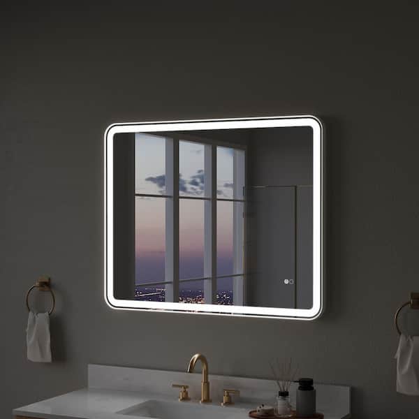 ANGELES HOME 40 in. x 32 in. Rectangular Aluminum Framed Wall Mount LED Light Fog Free Bathroom Vanity Mirror in White Round Corner