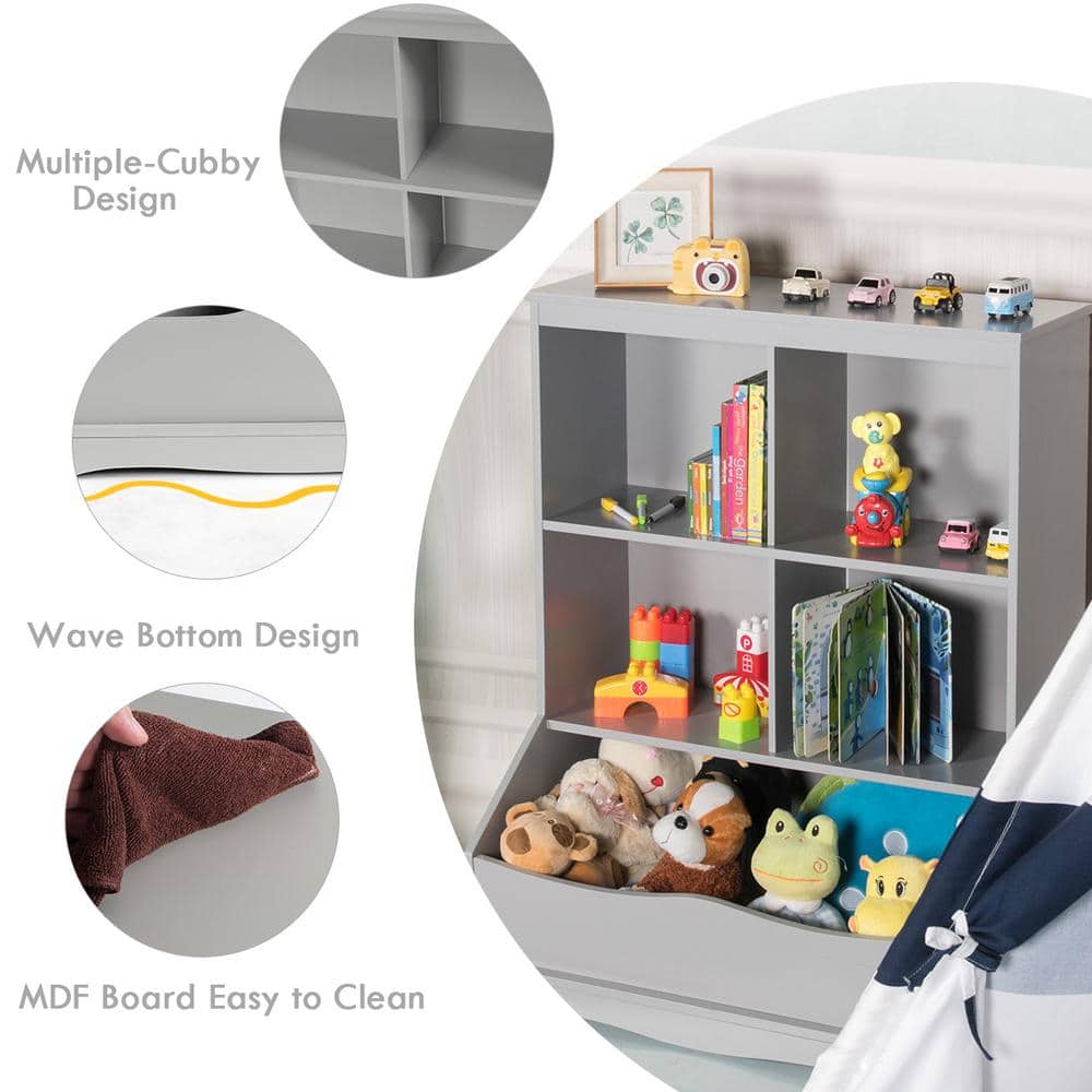 3-Shelf Kids Grey Wooden Multi-Functional Bookcase Floor Toy Storage Display - thumbnail 5