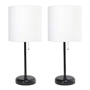 19 in. Black Stick Lamp with Charging Outlet and White Fabric Shade (2-Pack)