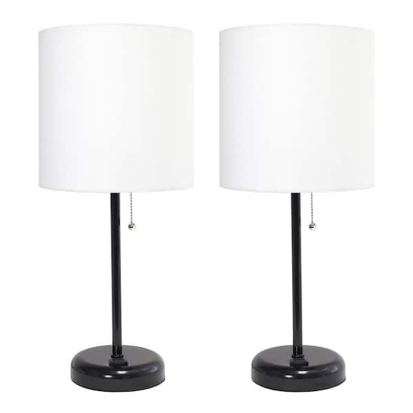 Simple Designs 19 in. Black Stick Lamp with Charging Outlet and White Fabric Shade (2-Pack)