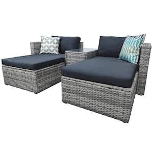 5-Piece Wide Wicker Outdoor Lounge Chair with Gray Cushions, Ottomans and Side Table for Balcony, Yard