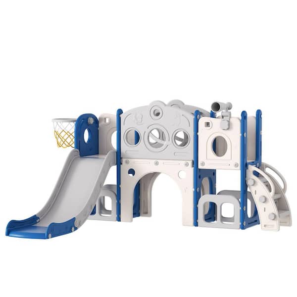 6.2 ft. Indoor Outdoor Blue and Gray 8-in-1 Astronaut Toddler Slide Set for Age 1-3 Kids Slide Climber Playset