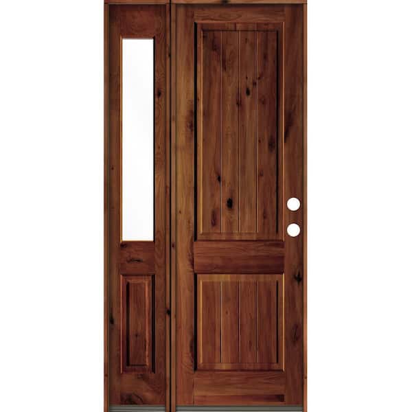 Krosswood Doors 44 in. x 96 in. Rustic Knotty Alder Left-Hand/Inswing Clear Glass Red Chestnut Stain Wood Prehung Front Door w/Sidelite