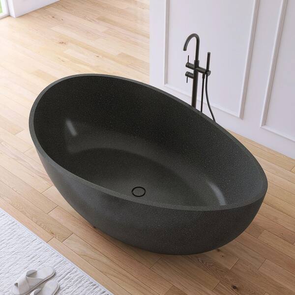 65 in. x 39 in. Wave Stone Terrazzo Stone Solid Surface Flatbottom Freestanding Soaking Bathtub in Black