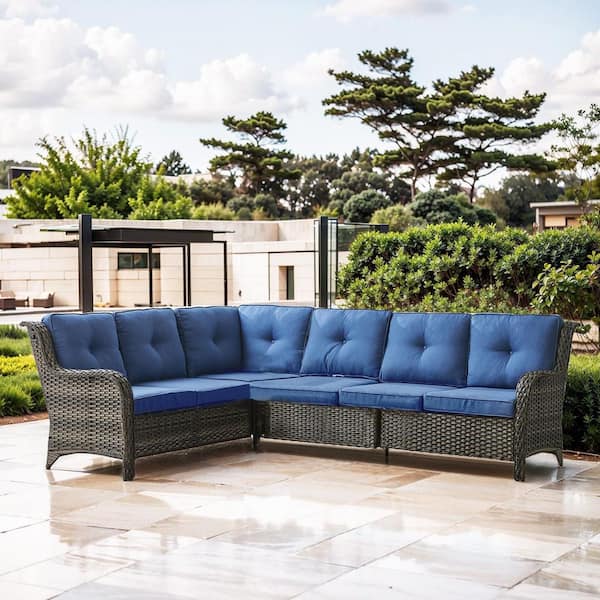 1-Piece Gray Wicker Patio Conversation Outdoor Couch, Sectional Sofa with Blue Cushions