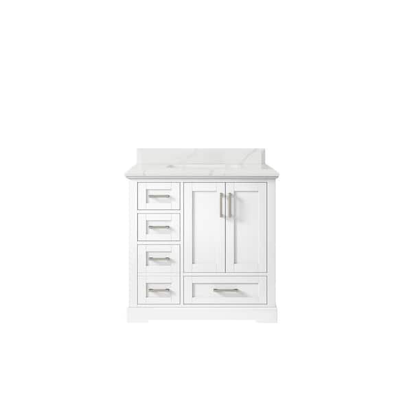 Willow Collections Boston 36 in. W x 22 in. D x 36 in. H Single Sink Bath Vanity Center in White with 1.5" Calacatta Quartz Top
