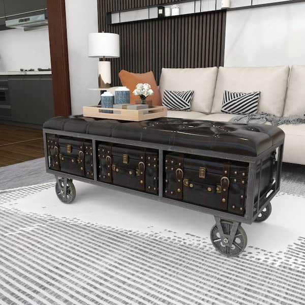 Litton Lane Black Storage Bench with Tufted Faux Leather 19 in. X 47 in. X 16 in.