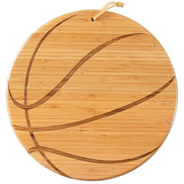 Unbranded 12" Diameter Basketball Shape Bamboo Flat Grain Cutting Board with Engraved Design & Wall-Hanging Tie