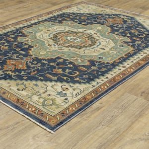 Fleetwood Blue/Beige 7 ft. x 10 ft. Center Oriental Medallion Polypropylene Fringe Edge Indoor Area Rug