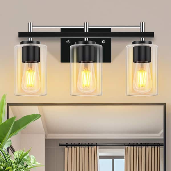 GMGSROM 17.32 in. 3-Light Matte Black & Brushed Nickel Modern Vanity Light with Clear Glass Shade