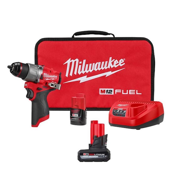 M12 FUEL 12-Volt Li-Ion Brushless Cordless 1/2 in. Hammer Drill Kit w 2.0Ah Battery, High Output 5.0Ah Battery & Charger