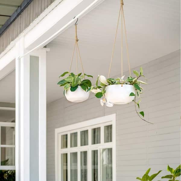 Unbranded White Ceramic Indoor/Outdoor Hanging Planter with Polyester Rope  Hanger (2-Pack) Z07ZVP79Y1