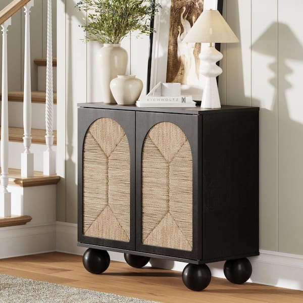 Nathan James Leah Boho Black 31 in. Accent Cabinet, Entryway Storage Cabinet with Ball-Style Feet and Arched Seagrass Doors