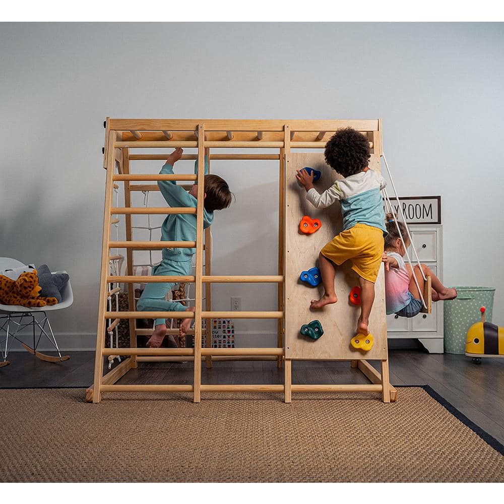Natural Pine Indoor Climbing Playset with Slide and Swing