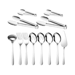 Silver 12 Piece Buffet Catering Serving Utensil Set with Spoons Forks Tongs Ladle Pie Server Dishwasher Safe