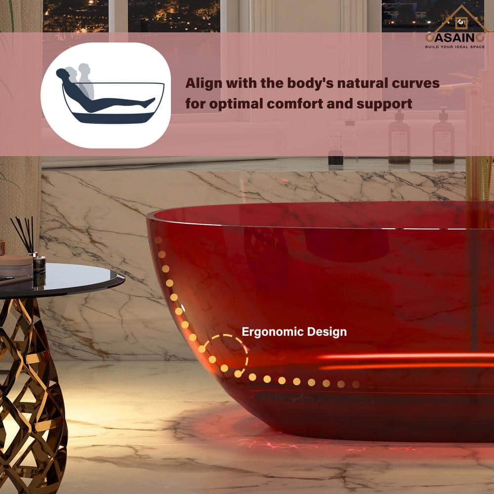 67'' Wine Red Transparent Resin Freestanding Soaking Bathtub