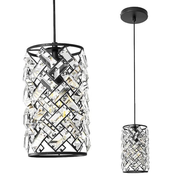 Deyidn Modern Metal Luxury 1-Light Black Pendant Light Crystal Shape Chandelier for Kitchen Island Bulb Not Included