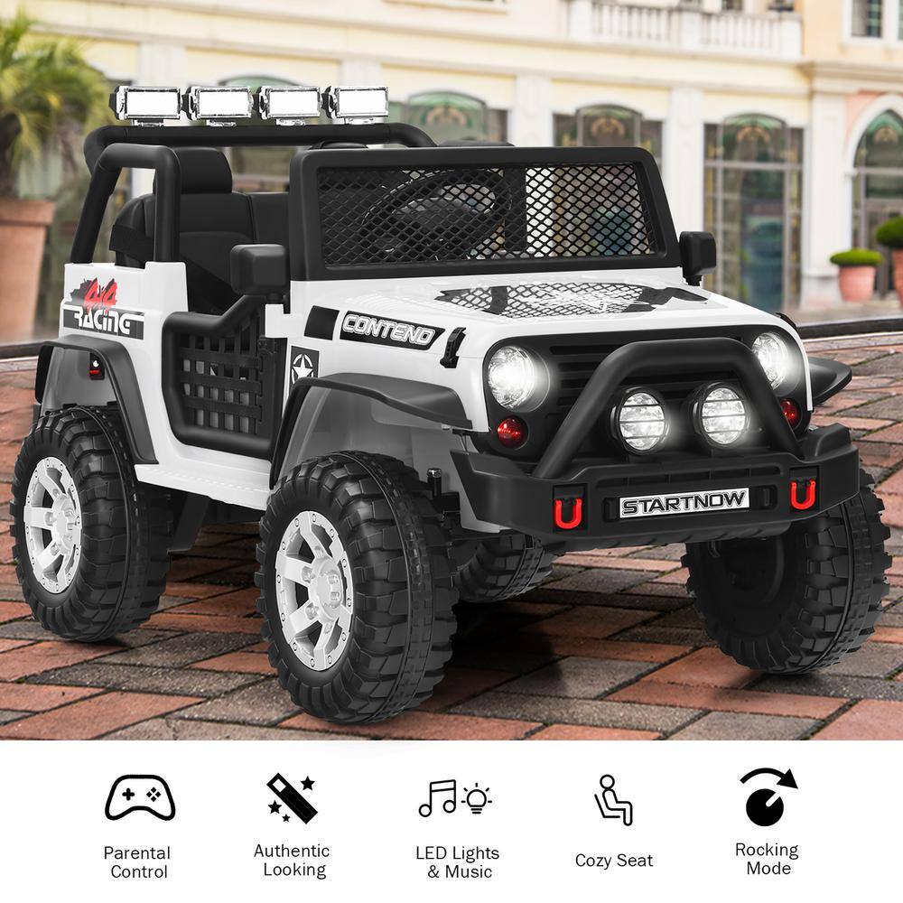 White 12V Kids Ride-On Truck with Remote Control and LED Lights