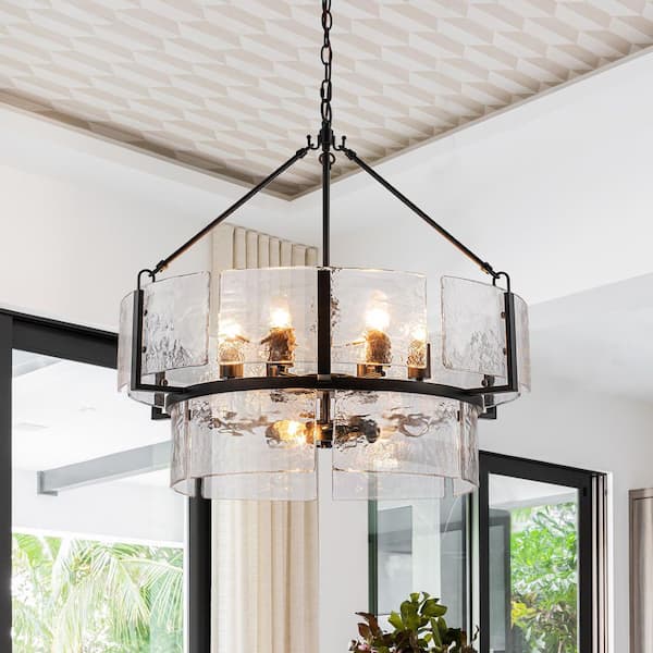 Dvorakova 27.56 in. 9-Light Black Drum Tiered Chandelier with Water Glass Shade