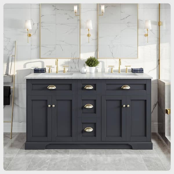 Eviva Aberdeen 60 Transitional Grey Bathroom Vanity with White Carrera  Countertop & Double Square Sinks