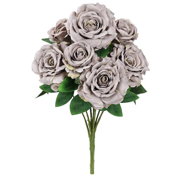 LIVING LUXURY 22 in. Grey Beige Artificial Grand Rose Flower Stem Bush Bouquet (Set of 2)