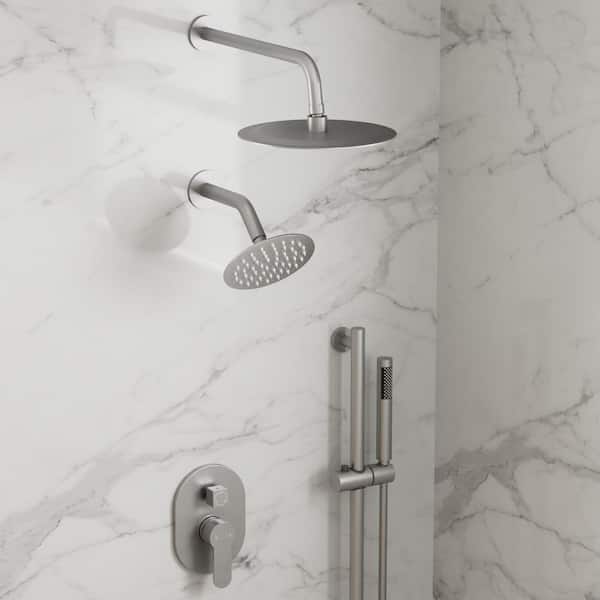 10&6 in. Dual Round Shower Heads Double Handle 3-Spray Tub and Shower Faucet 2.5 GPM in. Brushed Nickel Valve Included