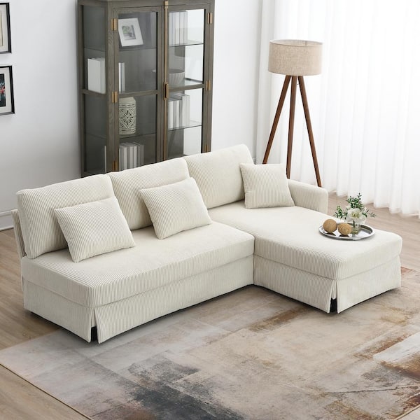 sumyeg 87 in. L-Shaped Corduroy Sectional Sofa in. Beige with Reversible Chaise