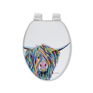 Angus McCoo Art by Steven Brown, Stick Tight Elongated Closed Front Toilet Seat, Soft Close and Quick Release in White