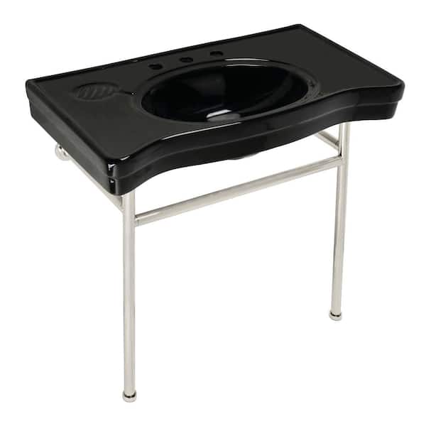 Kingston Brass Bristol Ceramic Console Sink Black Basin with Stainless Stell Leg in Polished Nickel