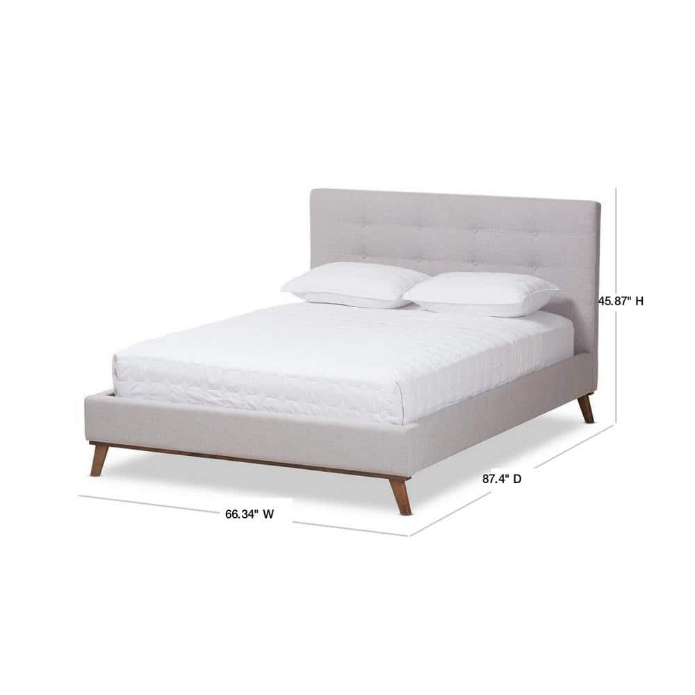 Valencia Queen-Sized Greyish Beige Tufted Upholstered Bed with Walnut Legs