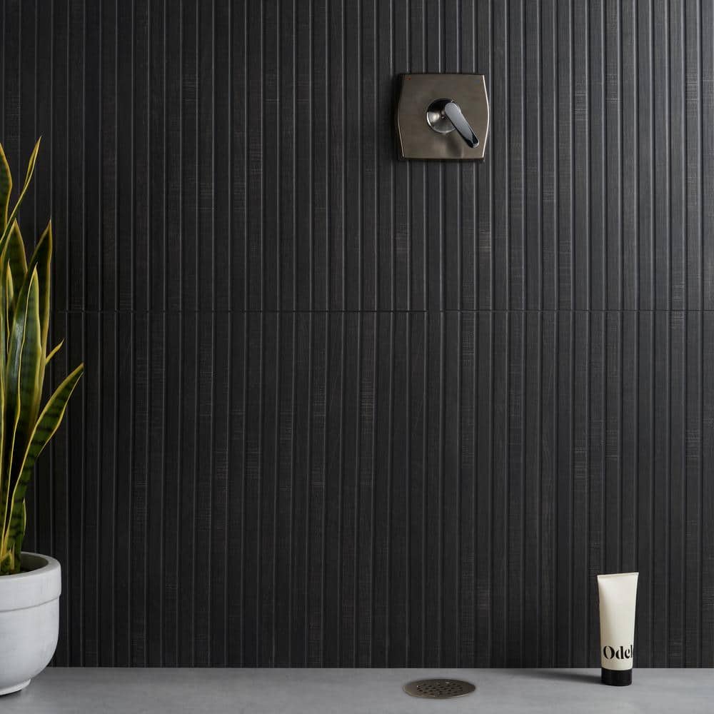 Black Ribbed Porcelain Large Format Wall Tile 24x48