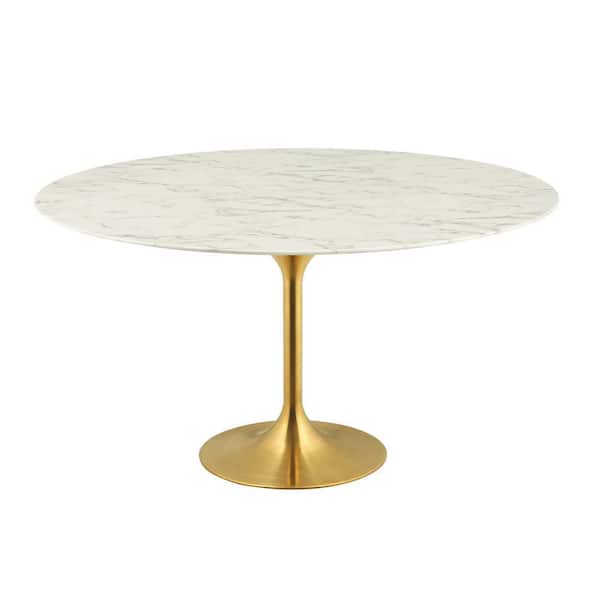MODWAY 60 in. Lippa in Gold White Round Artificial Marble Dining Table