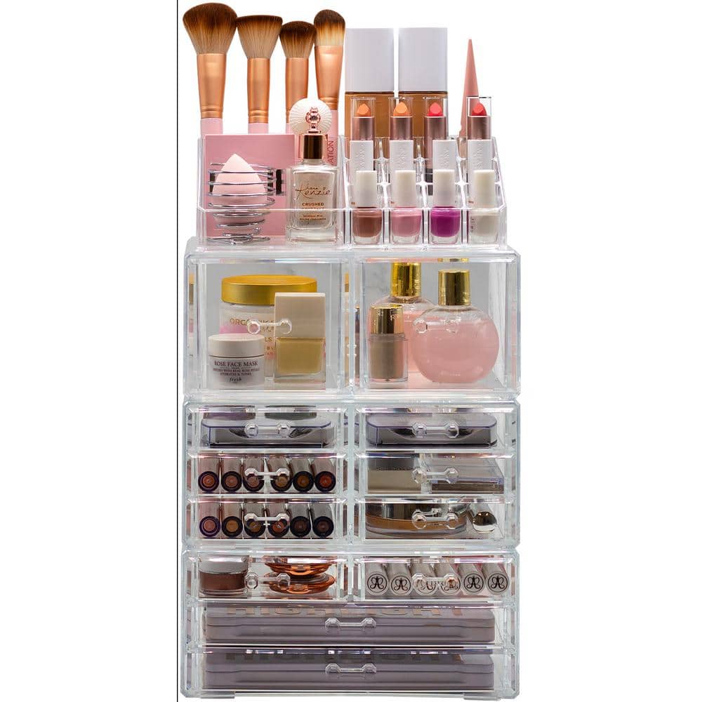Marble and Clear Acrylic 12-Drawer Makeup Organizer Tower