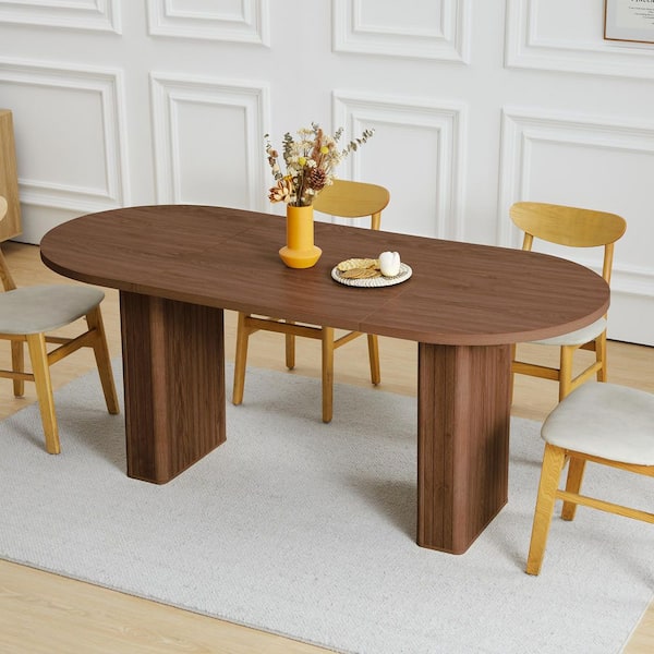 ATHMILE Walnut Oval Wood 70.86 in. Pedestal Dining Table Seats 4-6