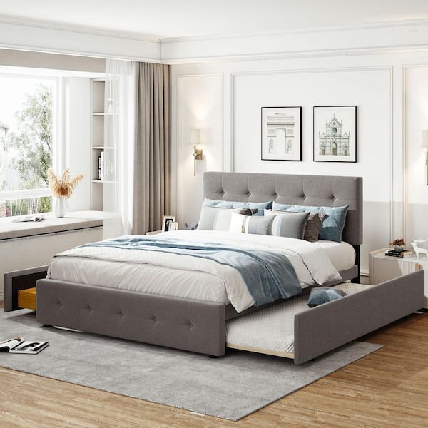 Nestfair Light Gray Wood Frame Queen Size Upholstered Platform Bed with 2-Drawers and Trundle