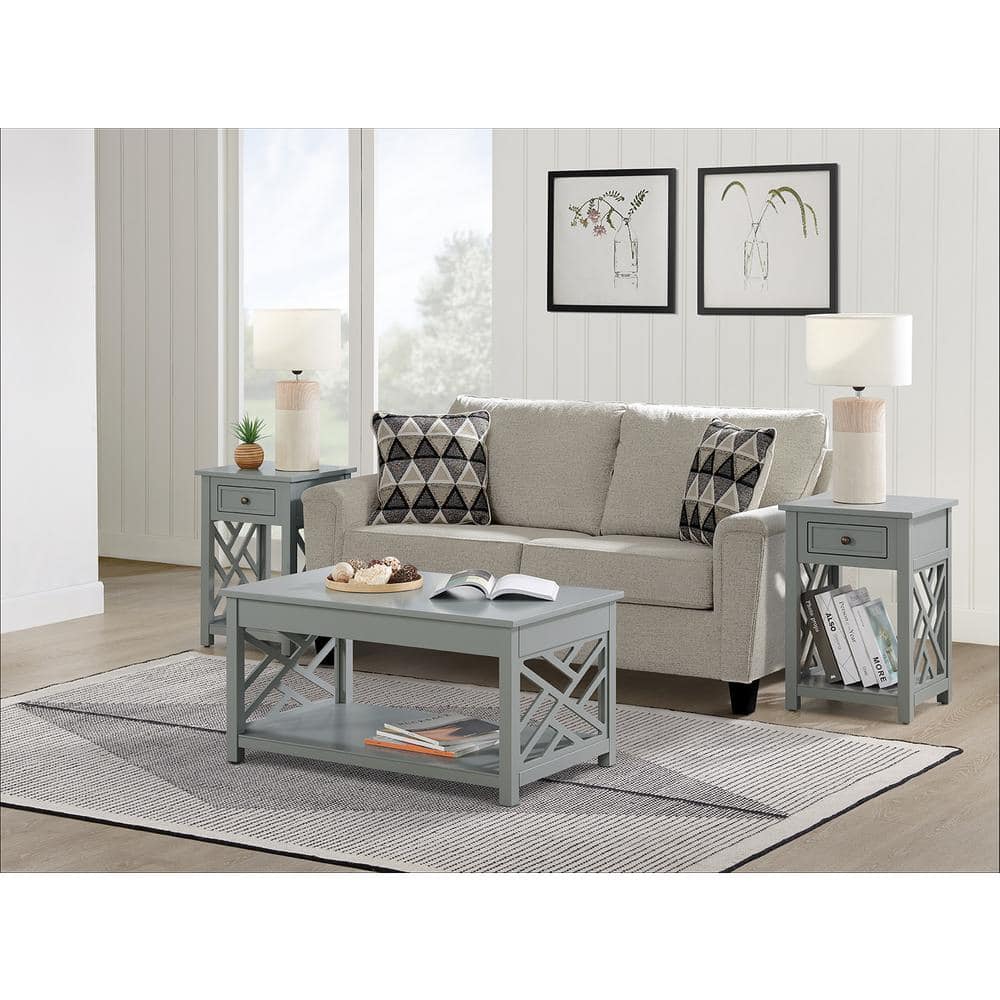 Coventry Gray Pine Wood 3-Piece Coffee and End Table Set with Drawers