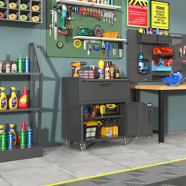 Unbranded Black 35 in. H Metal Tool Cabinet for Garage with Wheel Mobile Storage Cabinet with Drawer Locking Door Adjustable Shelf